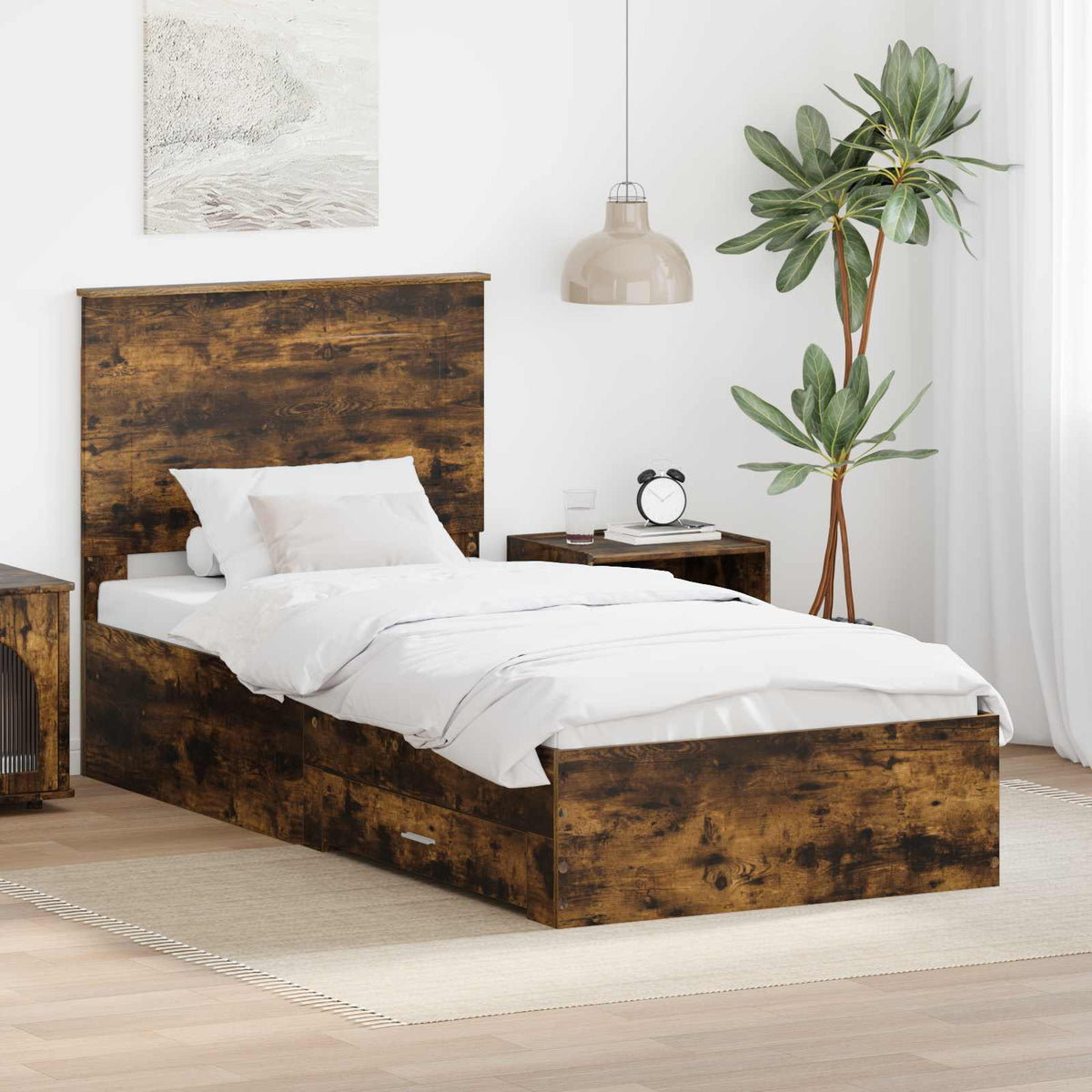 Bedframe met hoofdeinde Gerookt eiken 100 x 200 cm Bewerkt hout is nu te koop bij PeponiXL, paradijselijk wonen!