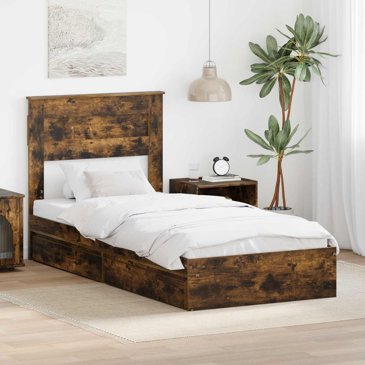 Opslag bed met lade Gerookt eiken 100 x 200 cm Bewerkt hout is nu te koop bij PeponiXL, paradijselijk wonen!