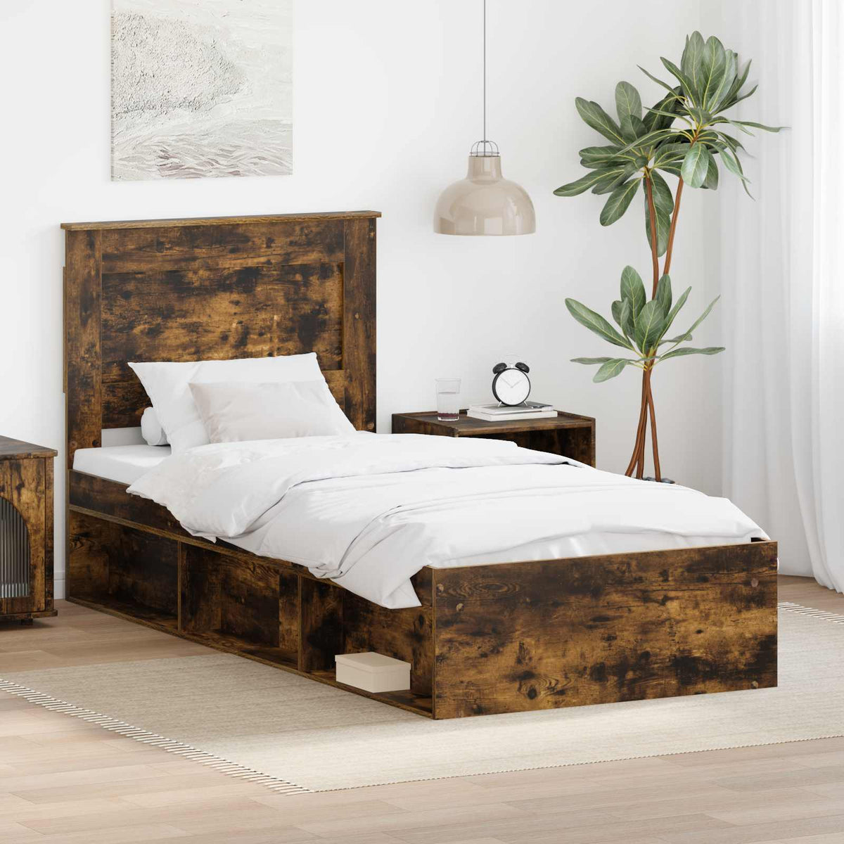 Bedframe met lade Gerookt eiken 100 x 200 cm Massief grenenhout is nu te koop bij PeponiXL, paradijselijk wonen!