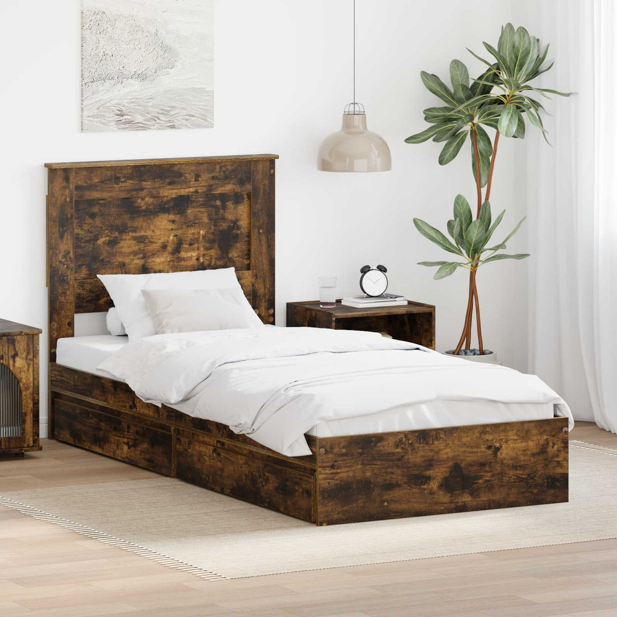 Opslag bed met lade Gerookt eiken 100 x 200 cm Bewerkt hout is nu te koop bij PeponiXL, paradijselijk wonen!