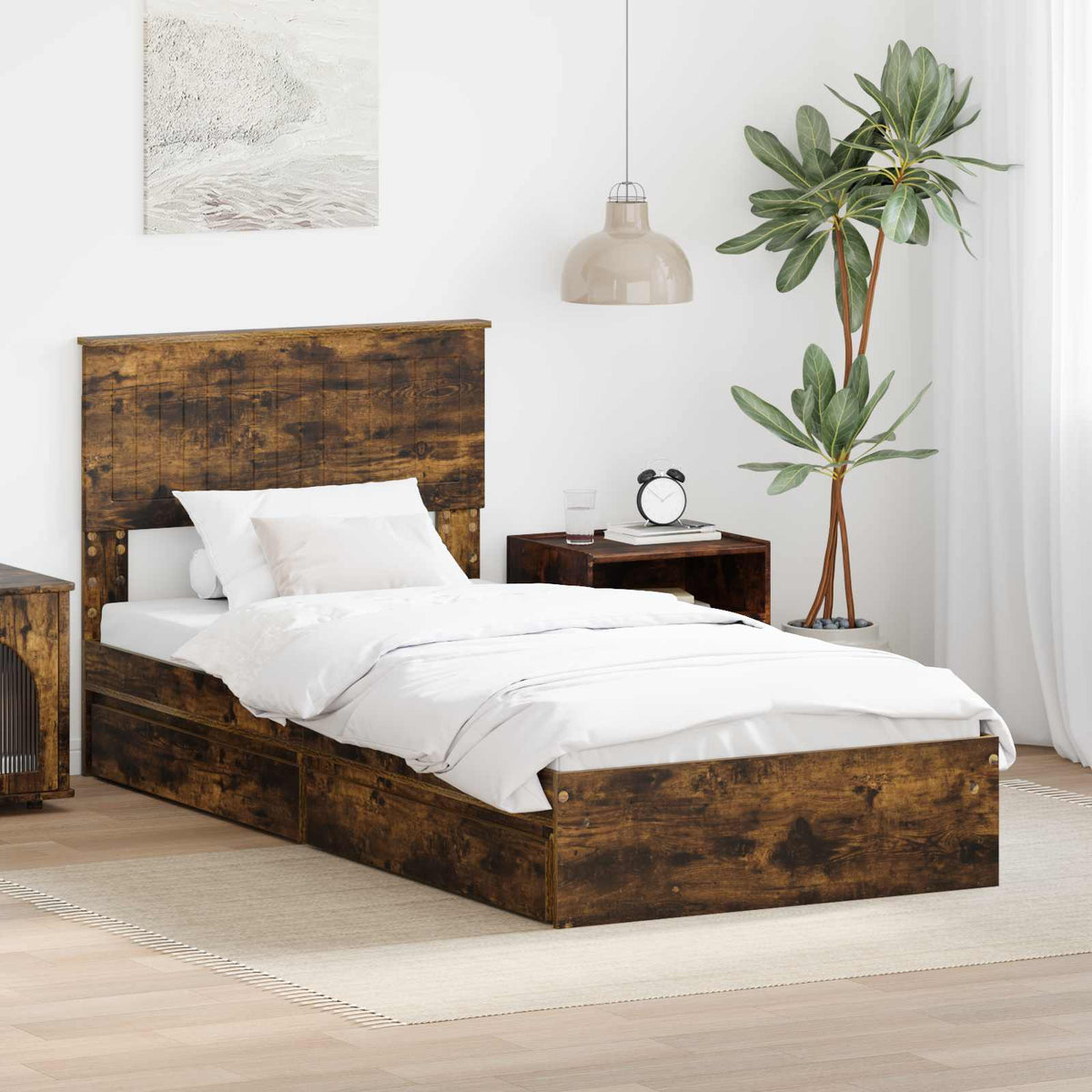 Opslag bed met lade Gerookt eiken 90 x 200 cm Bewerkt hout is nu te koop bij PeponiXL, paradijselijk wonen!