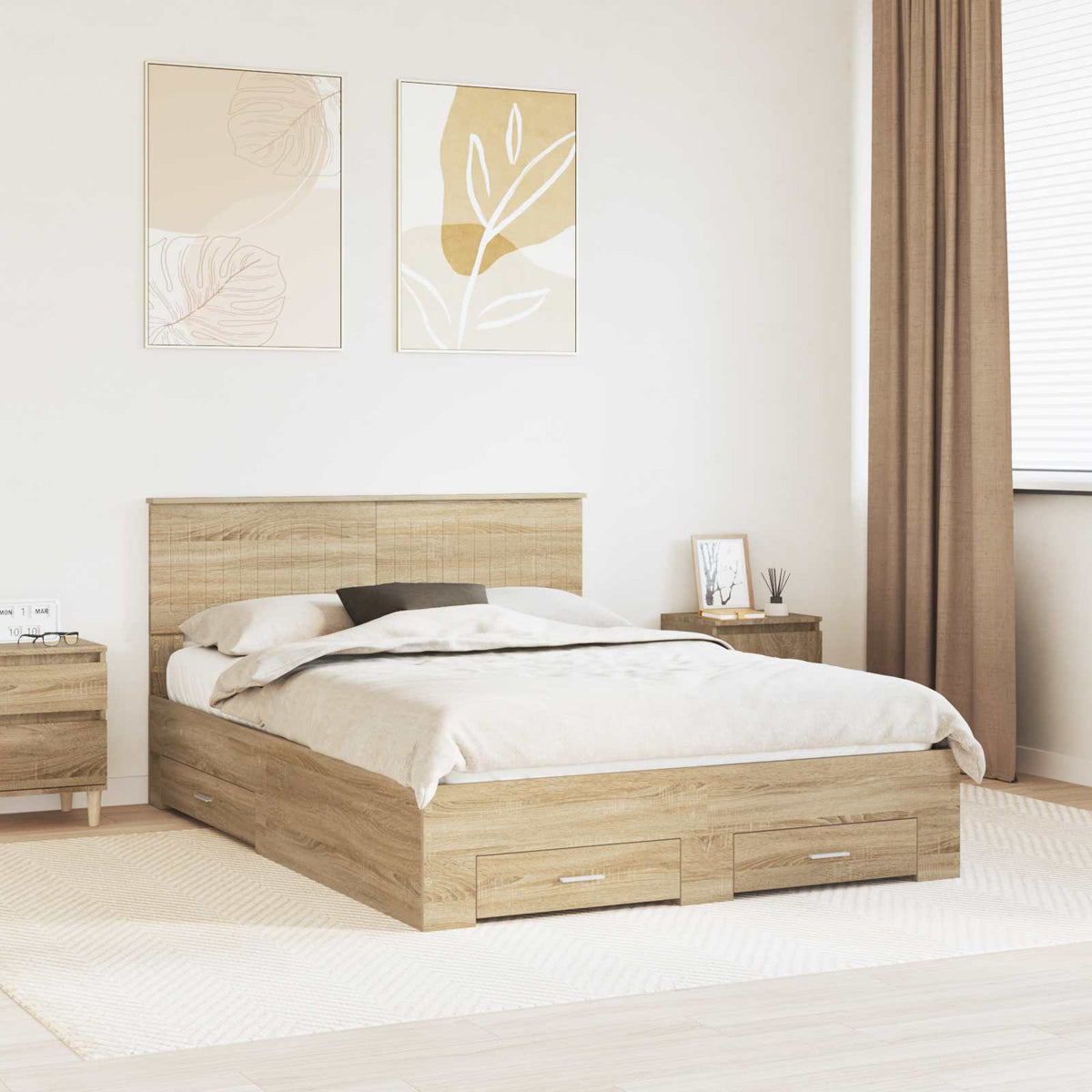 Bedframe met hoofdeinde Sonoma Eiken 135 x 190 cm Bewerkt hout is nu te koop bij PeponiXL, paradijselijk wonen!