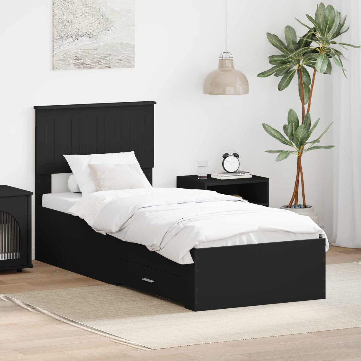 Bedframe met lade Zwart en Zilver 75 x 190 cm Bewerkt hout is nu te koop bij PeponiXL, paradijselijk wonen!