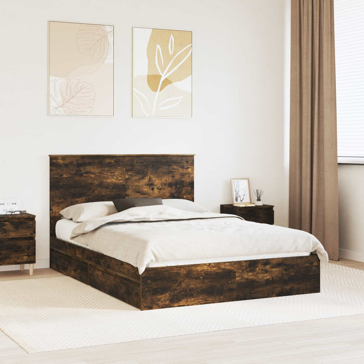 Opslag bed met lade Gerookt eiken 135 x 190 cm Bewerkt hout is nu te koop bij PeponiXL, paradijselijk wonen!