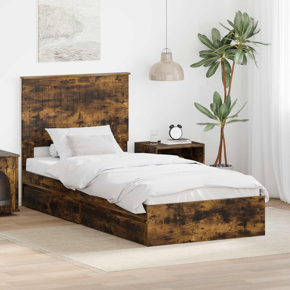 Opslag bed met lade Gerookt eiken 90 x 190 cm Bewerkt hout is nu te koop bij PeponiXL, paradijselijk wonen!