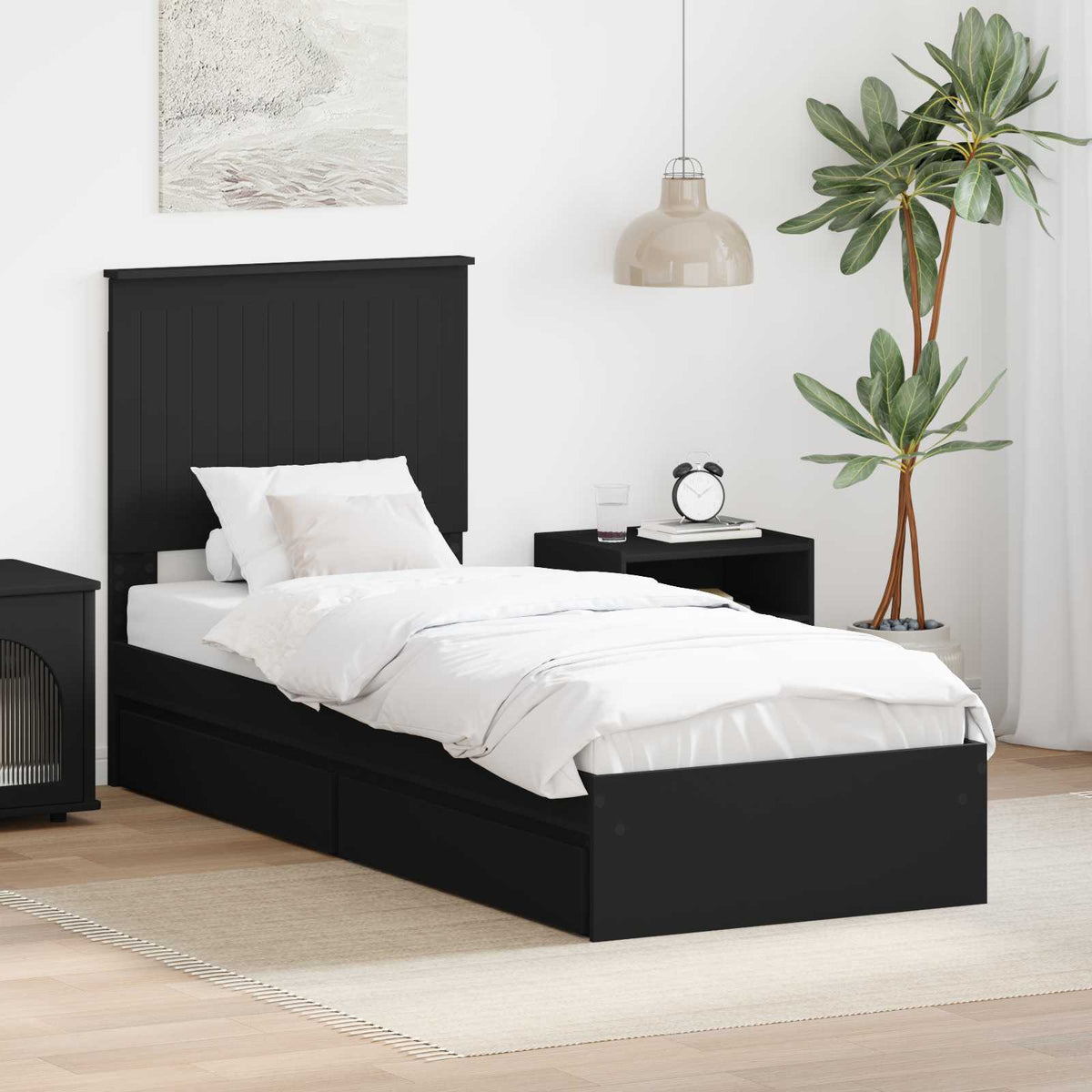 Opslag bed met hoofdeinde Zwart 75 x 190 cm Bewerkt hout is nu te koop bij PeponiXL, paradijselijk wonen!