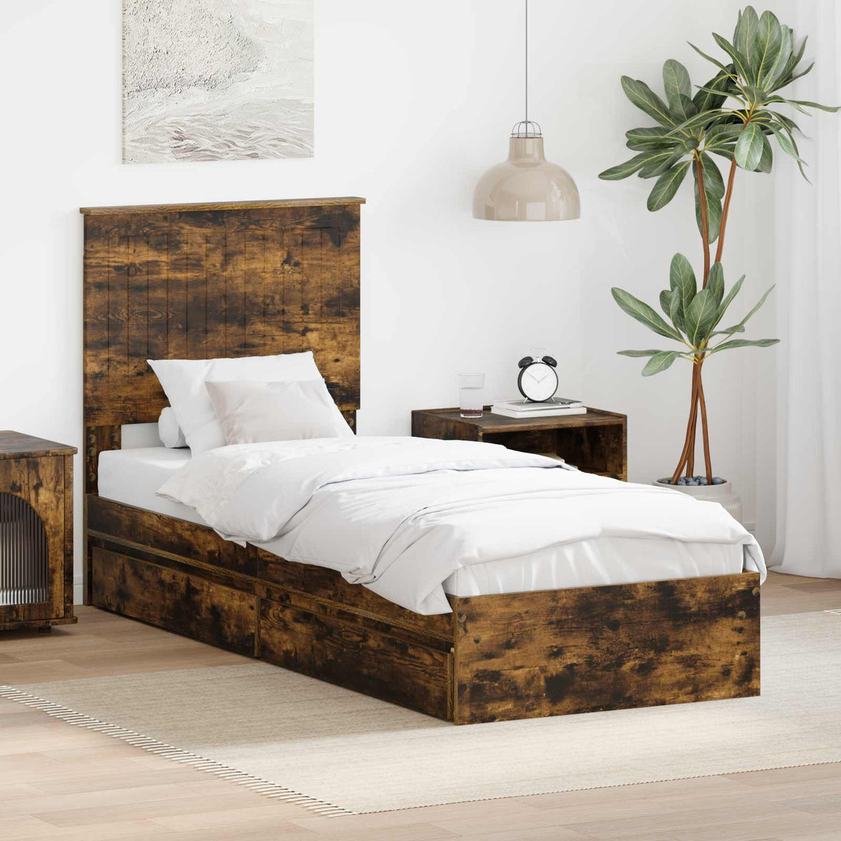 Opslag bed met lade Gerookt eiken 75 x 190 cm Bewerkt hout is nu te koop bij PeponiXL, paradijselijk wonen!
