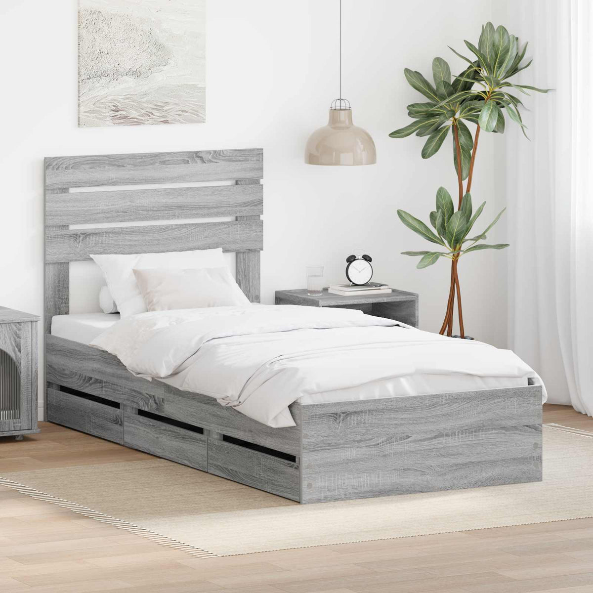 Bedframe met lade Grijs Sonoma 100 x 200 cm Ingenieurshout is nu te koop bij PeponiXL, paradijselijk wonen!