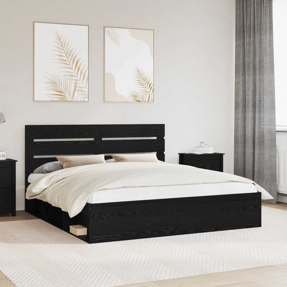 Bedframe met hoofdeinde Zwart 200 x 200 cm Massief grenenhout is nu te koop bij PeponiXL, paradijselijk wonen!