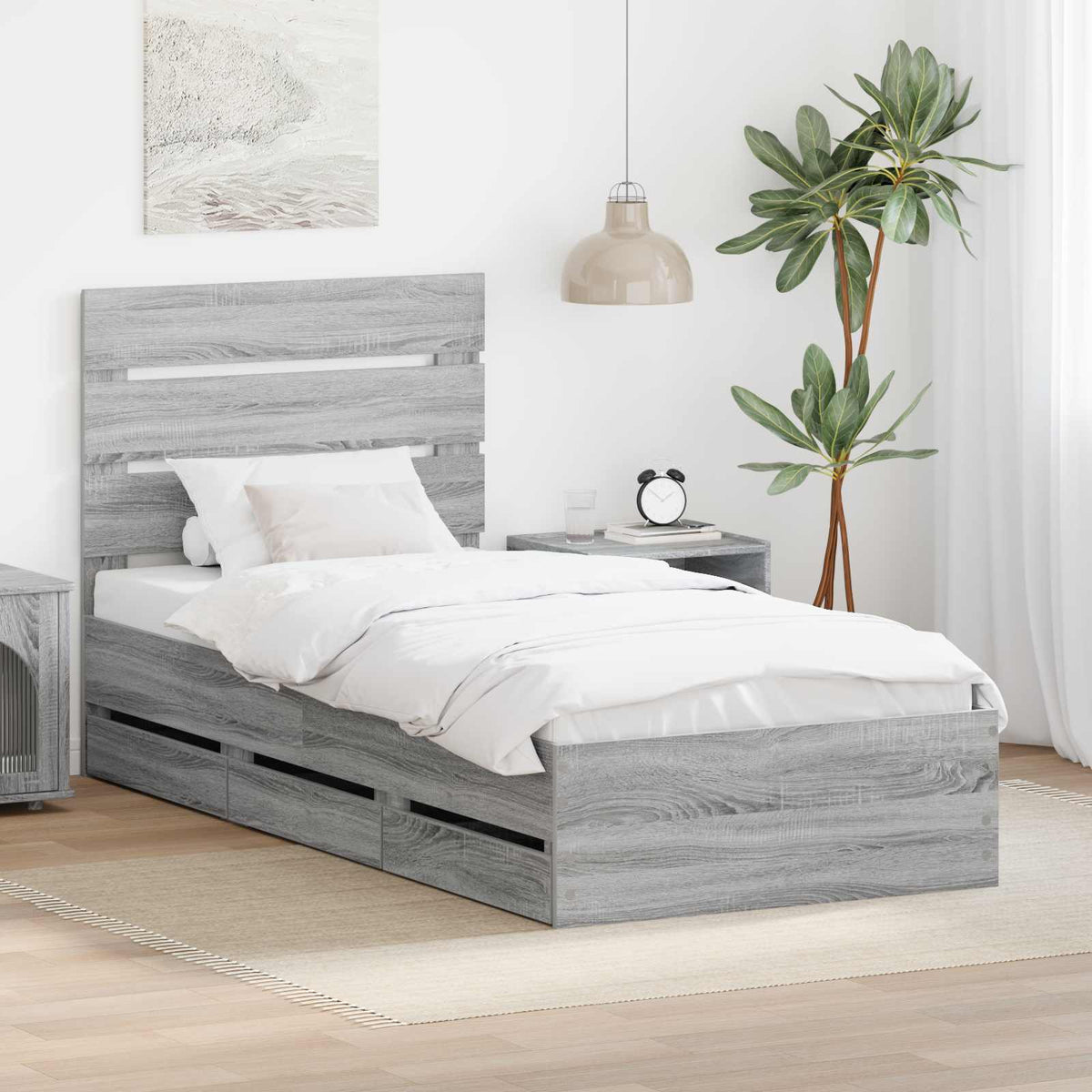 Bedframe met lade Grijs Sonoma 90 x 200 cm Ingenieurshout is nu te koop bij PeponiXL, paradijselijk wonen!
