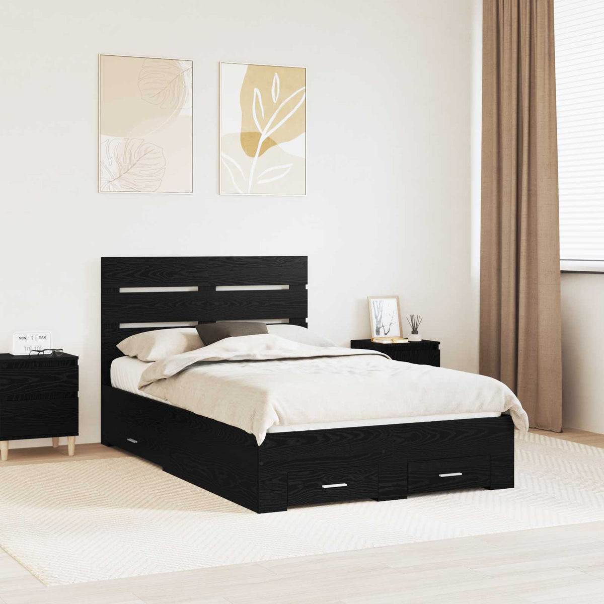 Bedframe met lade Zwart Eiken 120 x 190 cm Bewerkt hout is nu te koop bij PeponiXL, paradijselijk wonen!