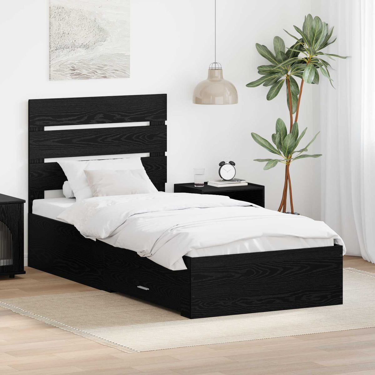 Bedframe met lade Zwart Eiken 100 x 200 cm Bewerkt hout is nu te koop bij PeponiXL, paradijselijk wonen!