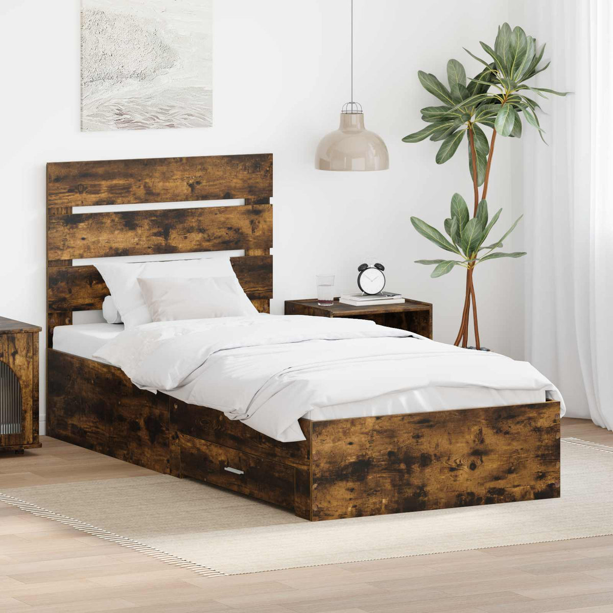 Bedframe Gerookt Eiken en Zilver 75 x 190 cm Bewerkt hout is nu te koop bij PeponiXL, paradijselijk wonen!