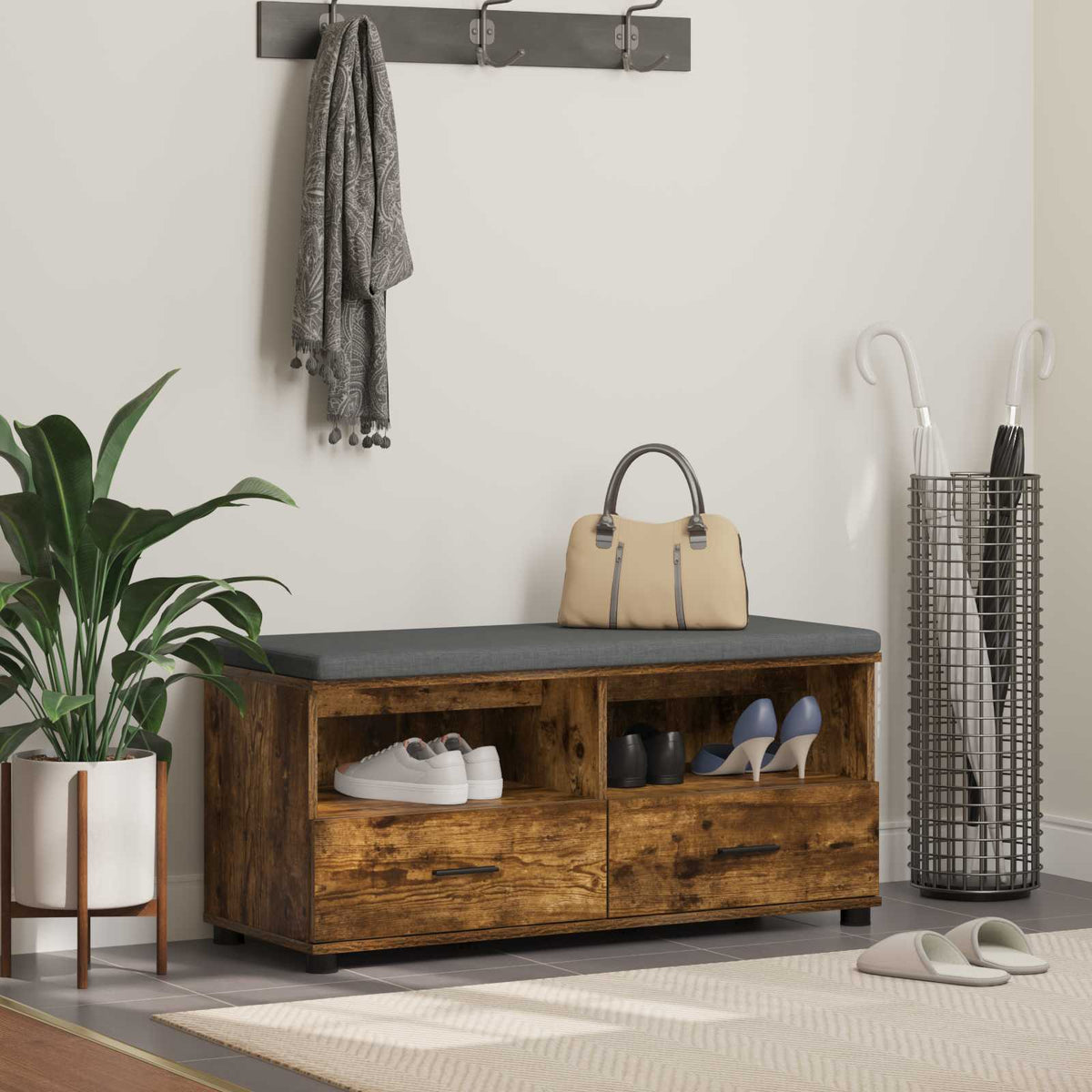 Halbank met kussen met lade Gerookte Eik 100 x 38 x 46 cm is nu te koop bij PeponiXL, paradijselijk wonen!