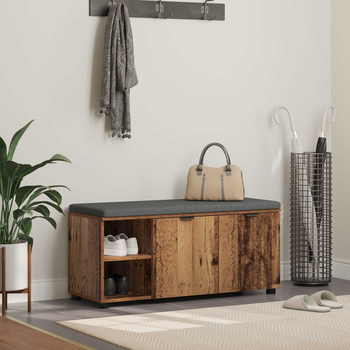Halbank met kussen met plank Oudhout 100 x 38 x 46 cm is nu te koop bij PeponiXL, paradijselijk wonen!