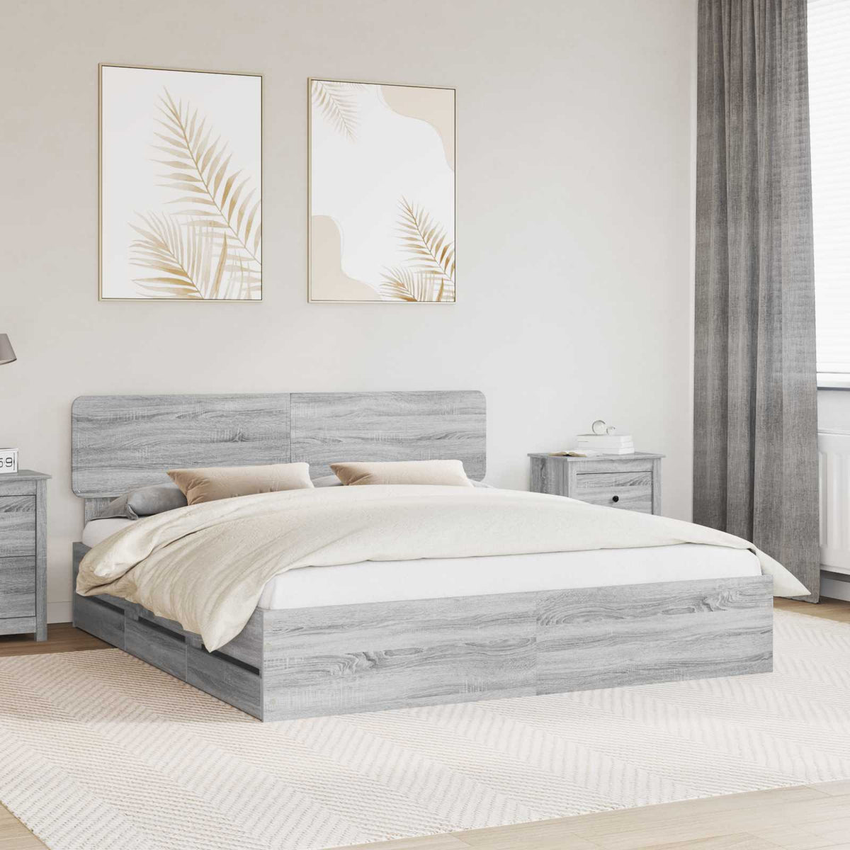 Bedframe met lade Grijze Sonoma 200 x 200 cm Geconstrueerd hout is nu te koop bij PeponiXL, paradijselijk wonen!