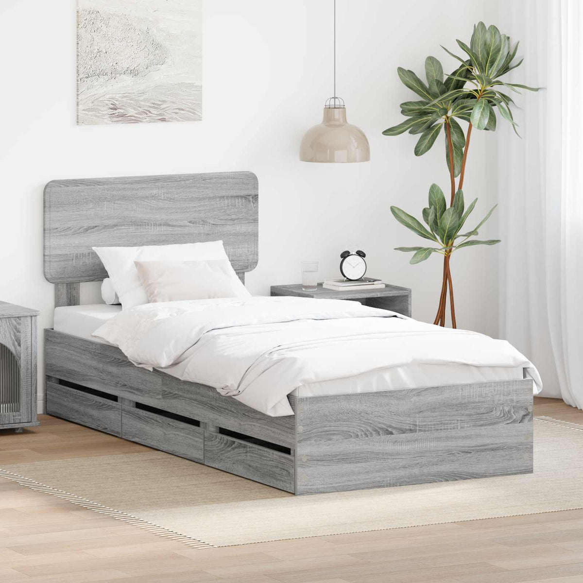 Bedframe met lade Grijze Sonoma 90 x 200 cm Geconstrueerd hout is nu te koop bij PeponiXL, paradijselijk wonen!