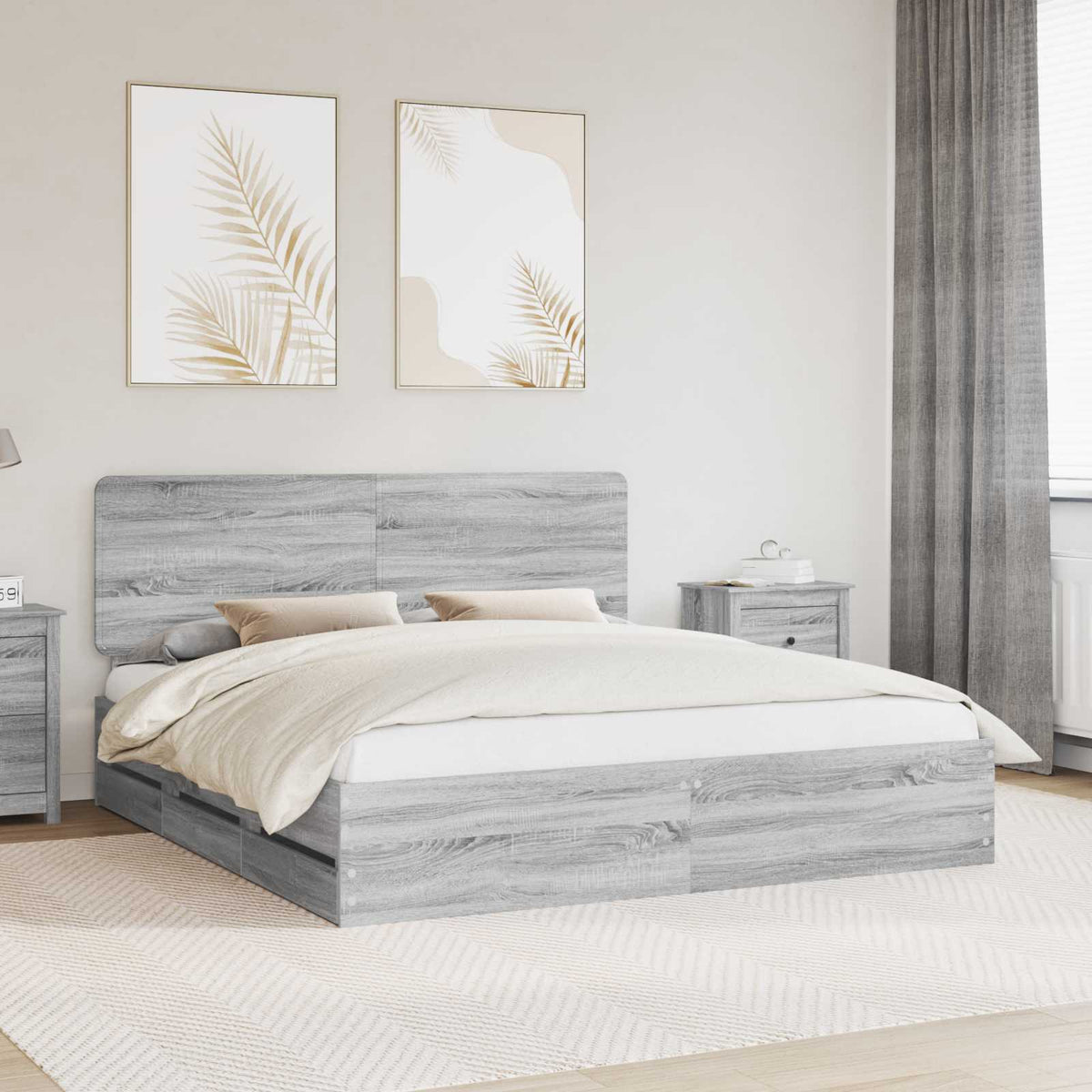 Bedframe met lade Grijs Sonoma 200 x 200 cm Ingenieurshout is nu te koop bij PeponiXL, paradijselijk wonen!