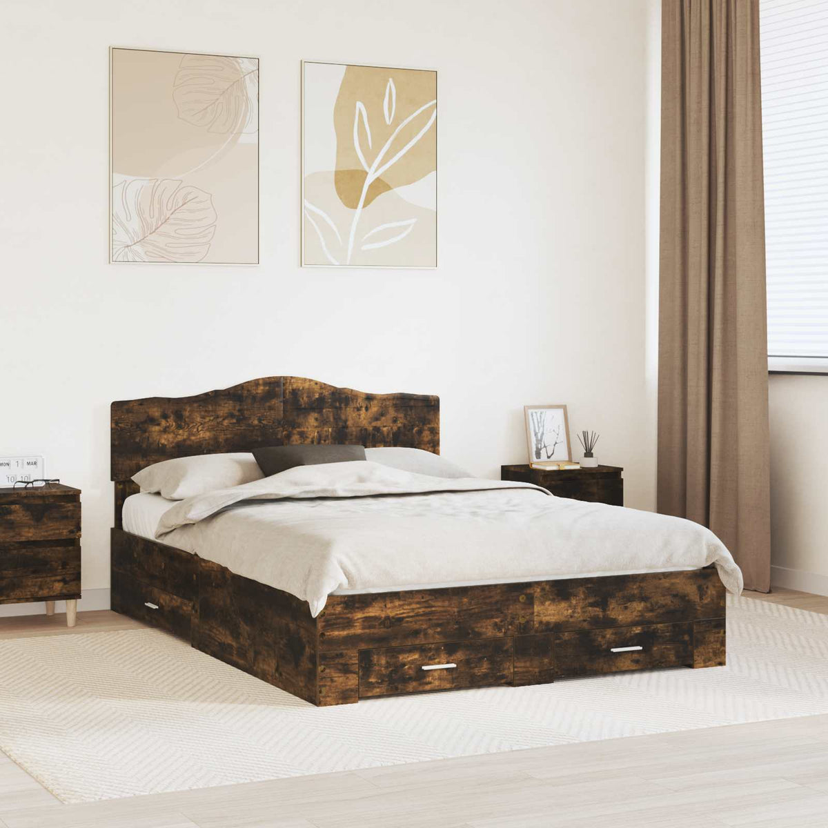 Bedframe met hoofdeinde Gerookt eiken 140 x 190 cm Bewerkt hout is nu te koop bij PeponiXL, paradijselijk wonen!
