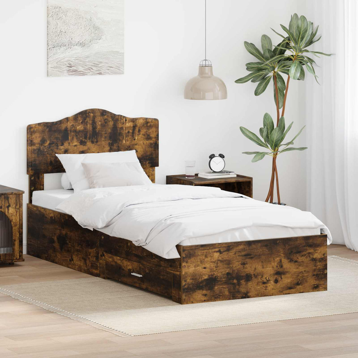 Bedframe met hoofdeinde Gerookt eiken 90 x 200 cm Bewerkt hout is nu te koop bij PeponiXL, paradijselijk wonen!