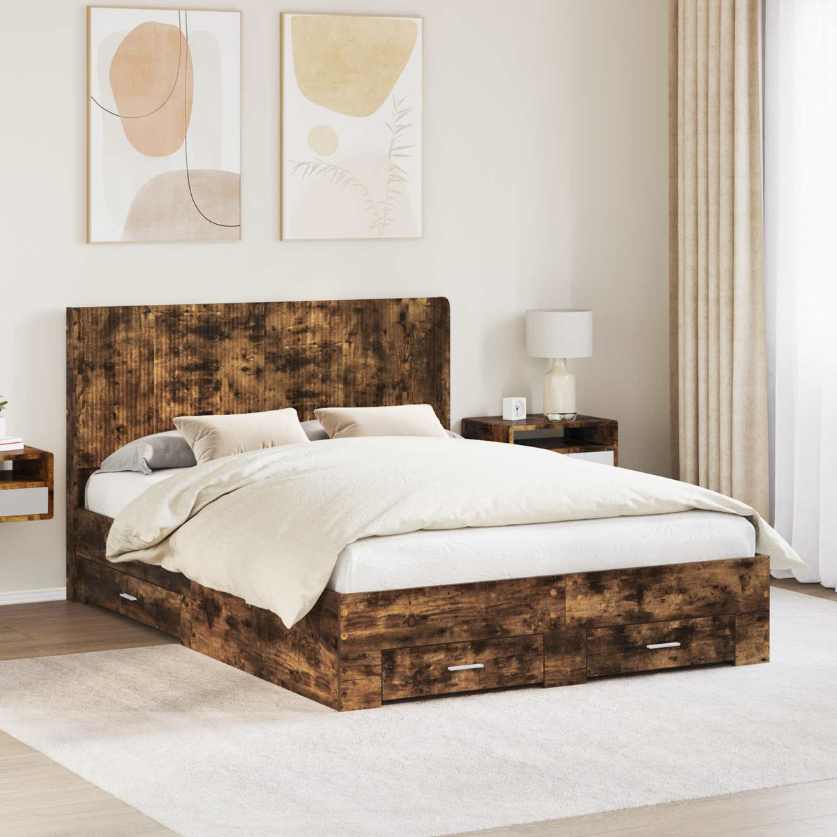 Bedframe met opbergruimte en hoofdbord Gerookt eiken is nu te koop bij PeponiXL, paradijselijk wonen!