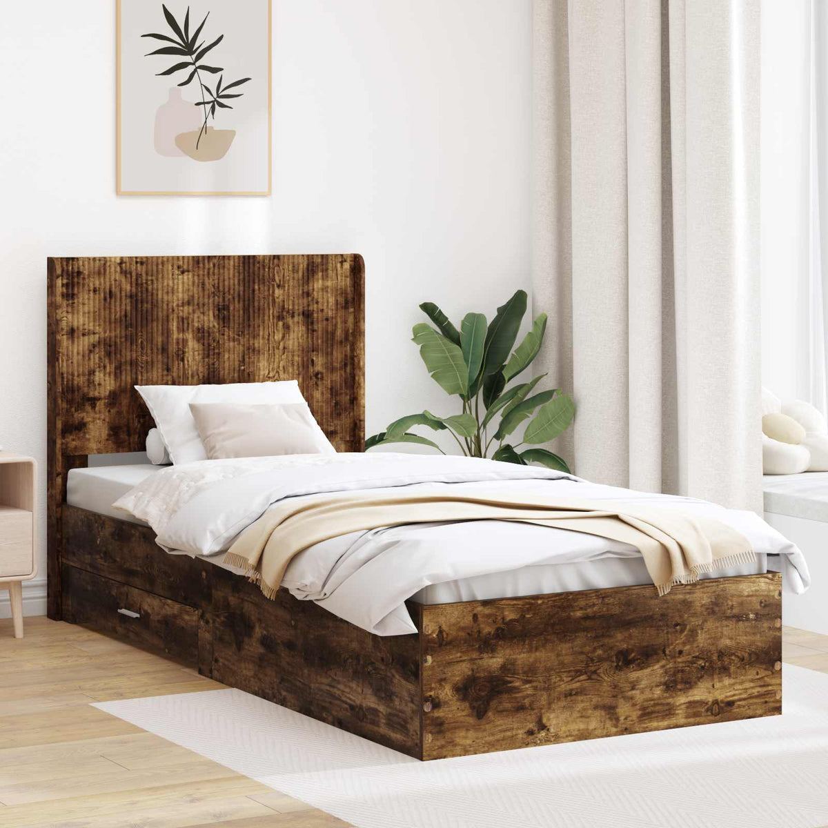 Bedframe met opbergruimte en hoofdbord Gerookt eiken is nu te koop bij PeponiXL, paradijselijk wonen!