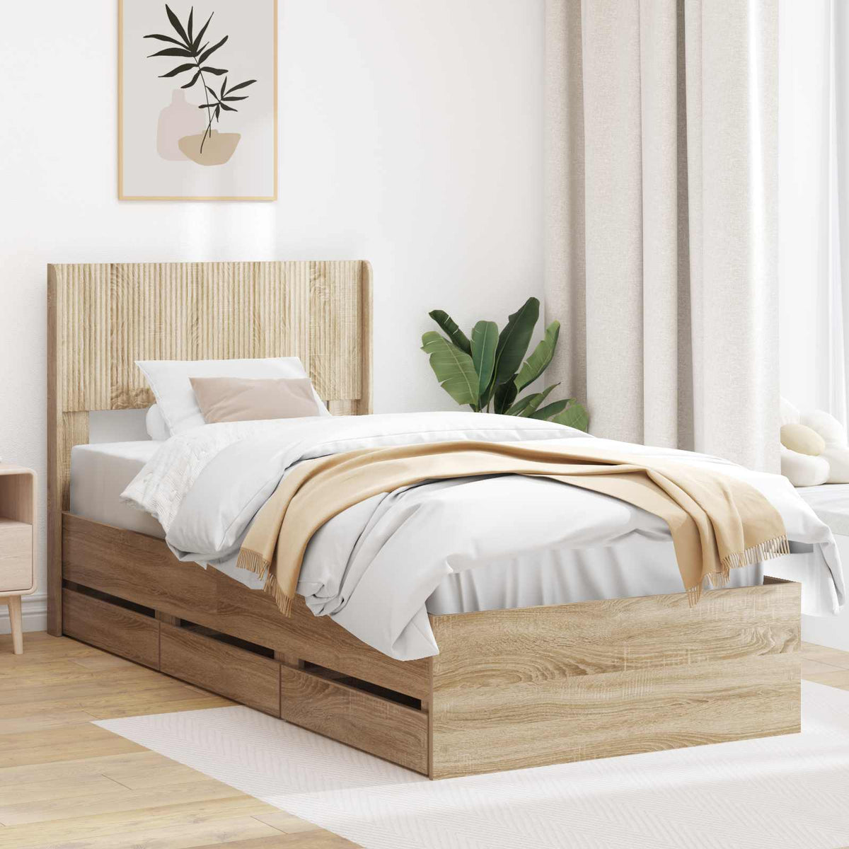 Bedframe met opbergruimte en hoofdbord met lade Sonoma Eiken is nu te koop bij PeponiXL, paradijselijk wonen!