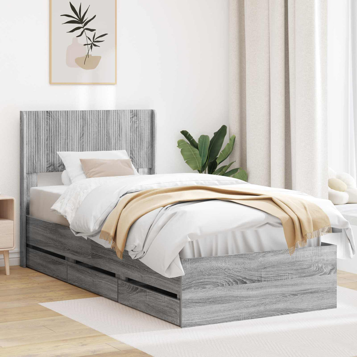 Bedframe met opbergruimte en hoofdbord Grijs sonoma 90 x 200 cm is nu te koop bij PeponiXL, paradijselijk wonen!