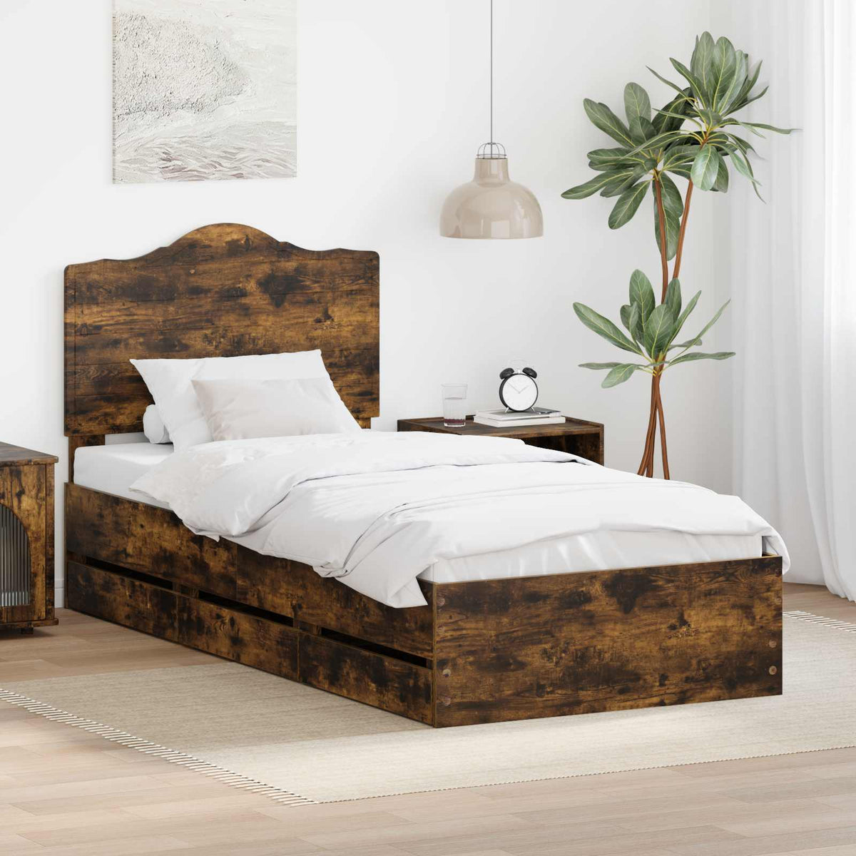 Bedframe met lade Gerookte Eik 90 x 200 cm Ingenieurshout is nu te koop bij PeponiXL, paradijselijk wonen!
