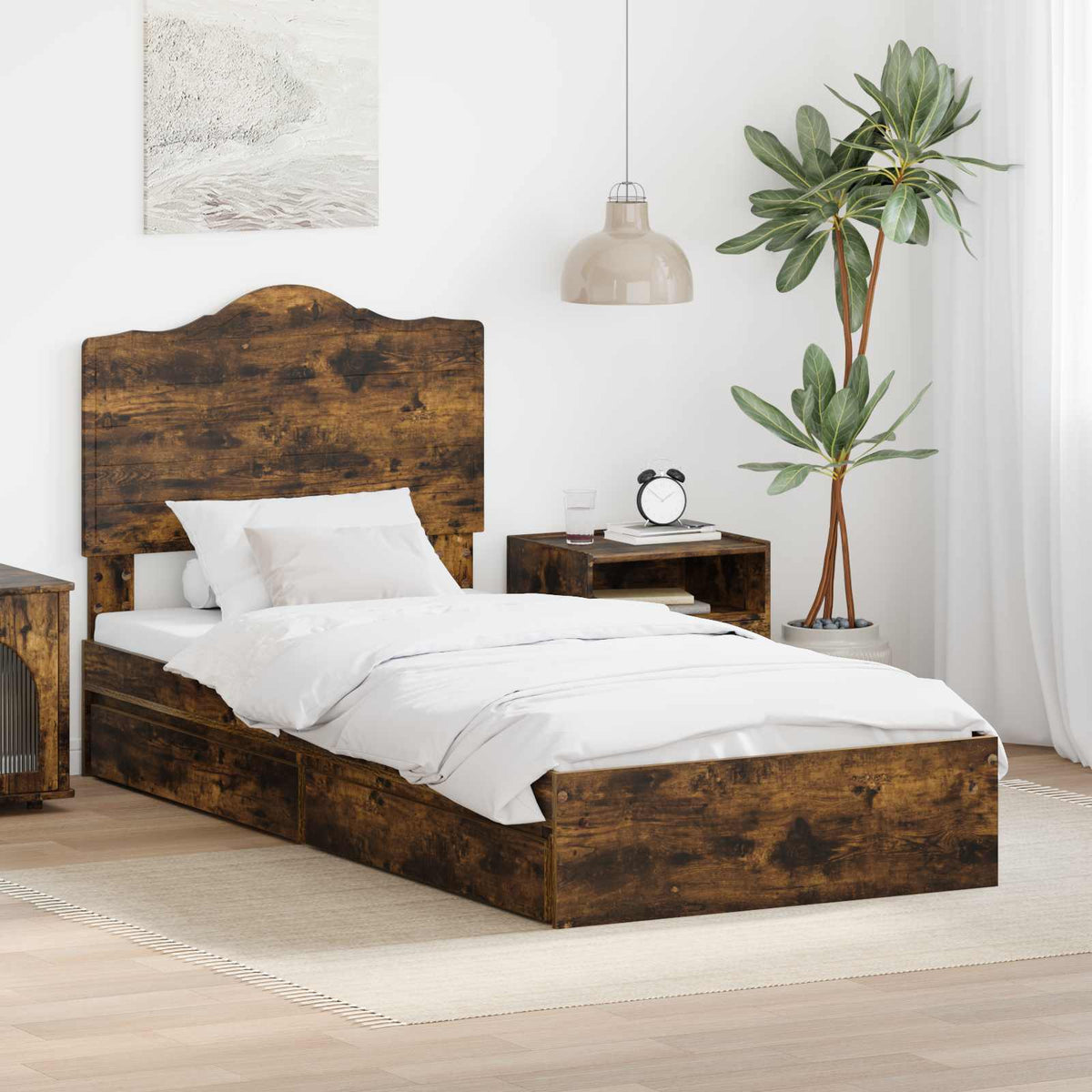 Opslag bed met lade Gerookt eiken 100 x 200 cm Bewerkt hout is nu te koop bij PeponiXL, paradijselijk wonen!
