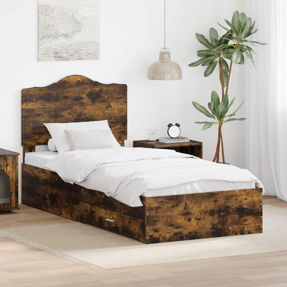 Bedframe met hoofdeinde Gerookt eiken 90 x 190 cm Bewerkt hout is nu te koop bij PeponiXL, paradijselijk wonen!