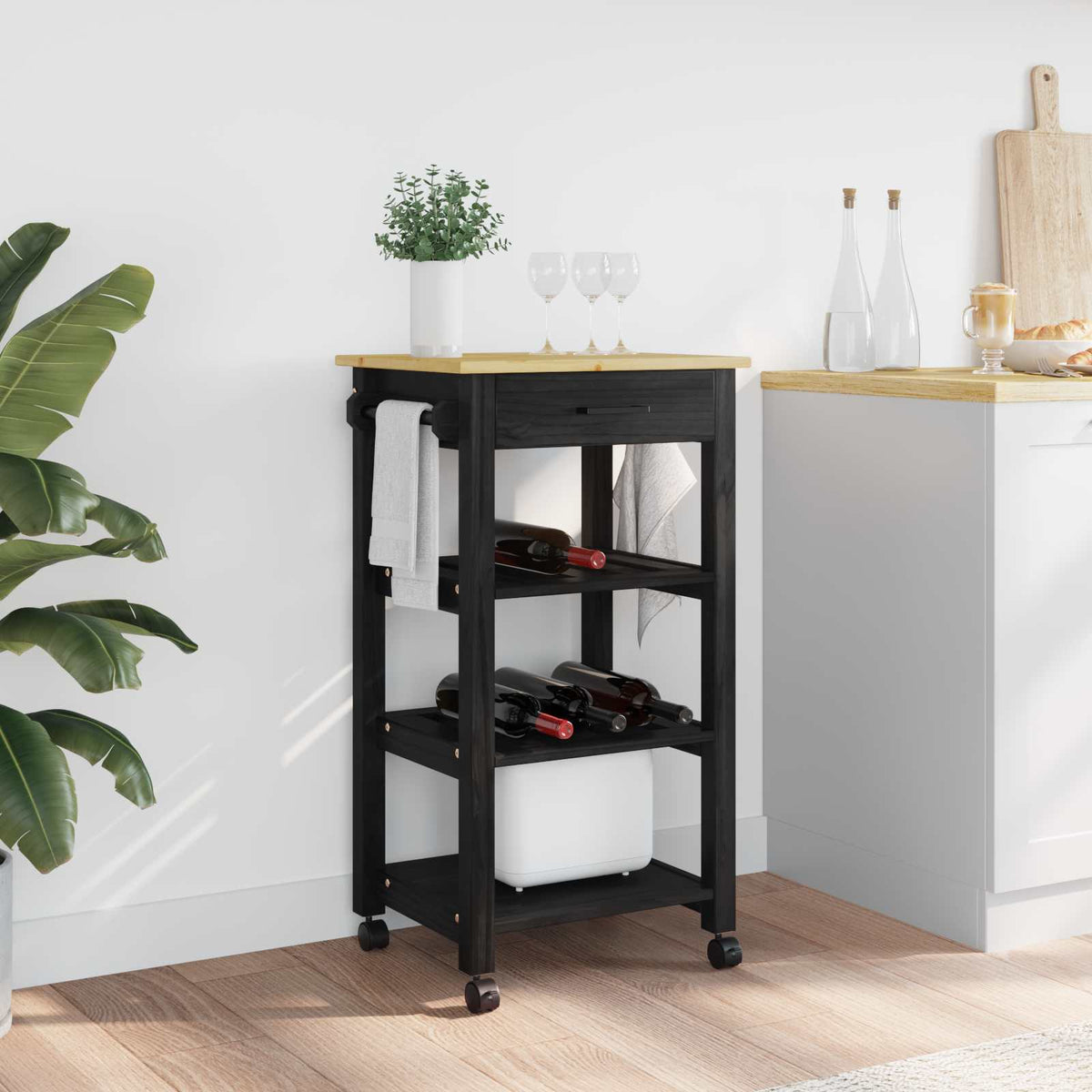 Keuken Trolley MONZA Zwart 48 x 40 x 88,5 cm Massief Vurenhout is nu te koop bij PeponiXL, paradijselijk wonen!