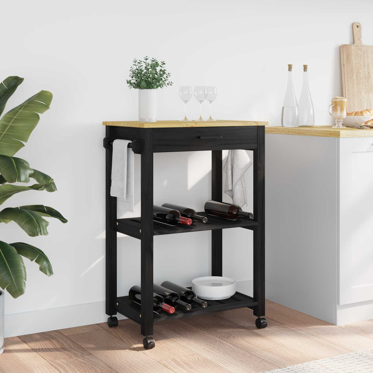 Keuken Trolley MONZA Zwart 60 x 40 x 88,5 cm Massief Vurenhout is nu te koop bij PeponiXL, paradijselijk wonen!