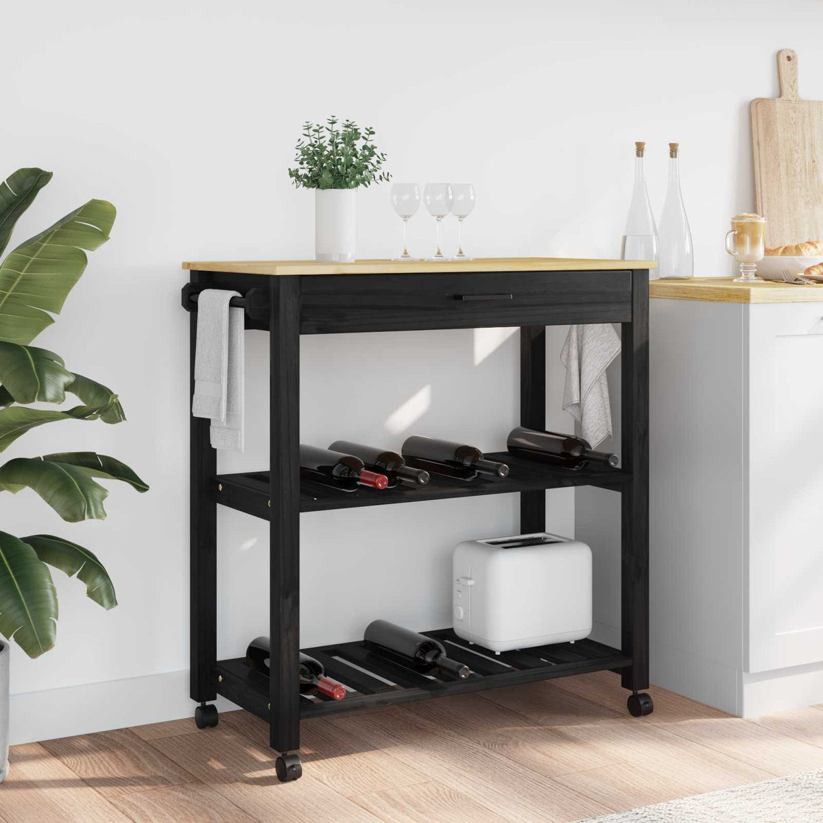 Keuken Trolley MONZA Zwart 84 x 40 x 88,5 cm Massief Vurenhout is nu te koop bij PeponiXL, paradijselijk wonen!