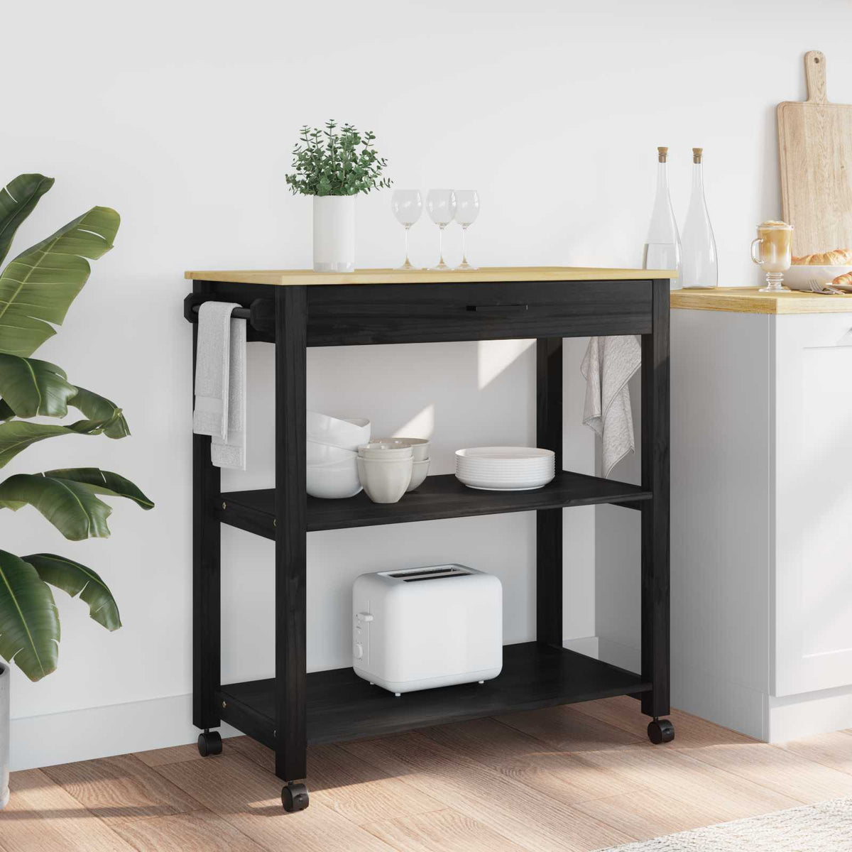 Keuken Trolley MONZA Zwart 84 x 40 x 88,5 cm Massief Vurenhout is nu te koop bij PeponiXL, paradijselijk wonen!