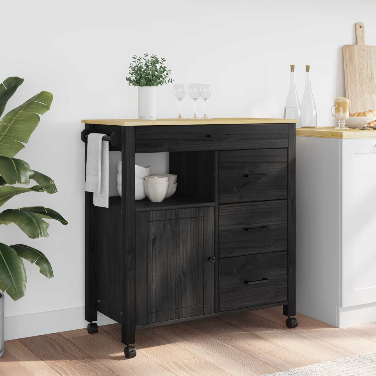 Keuken Trolley MONZA Zwart 84 x 40 x 88,5 cm Massief Vurenhout is nu te koop bij PeponiXL, paradijselijk wonen!