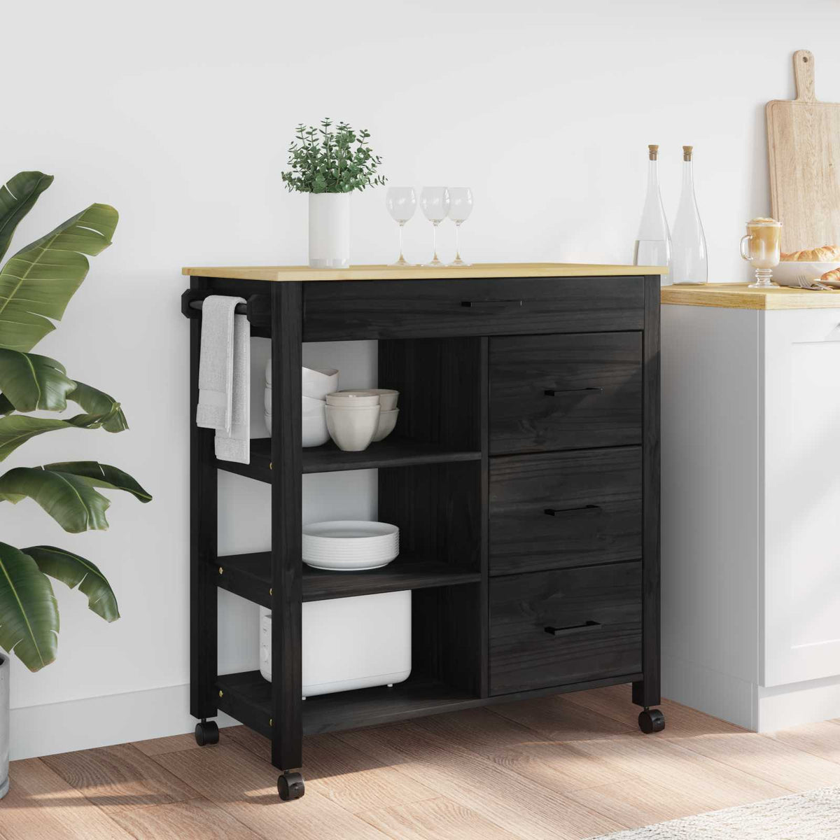 Keuken Trolley MONZA Zwart 84 x 40 x 88,5 cm Massief Vurenhout is nu te koop bij PeponiXL, paradijselijk wonen!