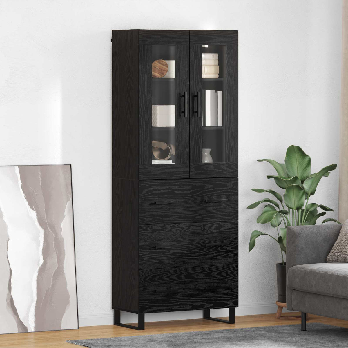 Hoge kast met lade 2 pcs Zwart Eiken Geengineerd Hout en Glas is nu te koop bij PeponiXL, paradijselijk wonen!