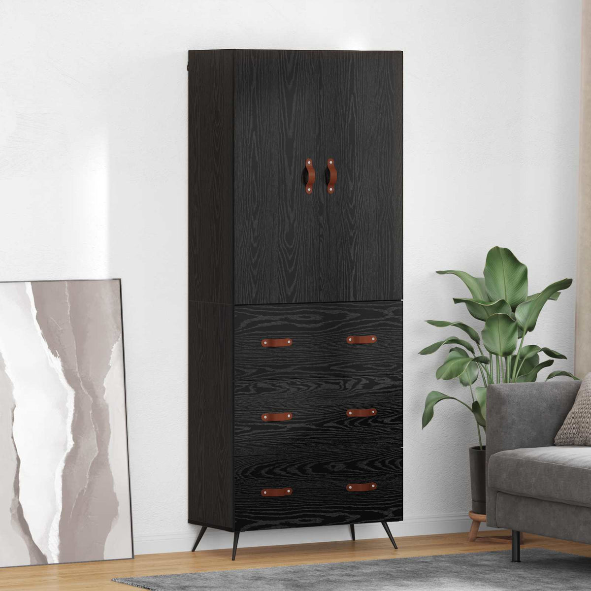 Highboard met lade Zwart Eiken 69,5 x 34 x 180 cm Bewerkt hout is nu te koop bij PeponiXL, paradijselijk wonen!