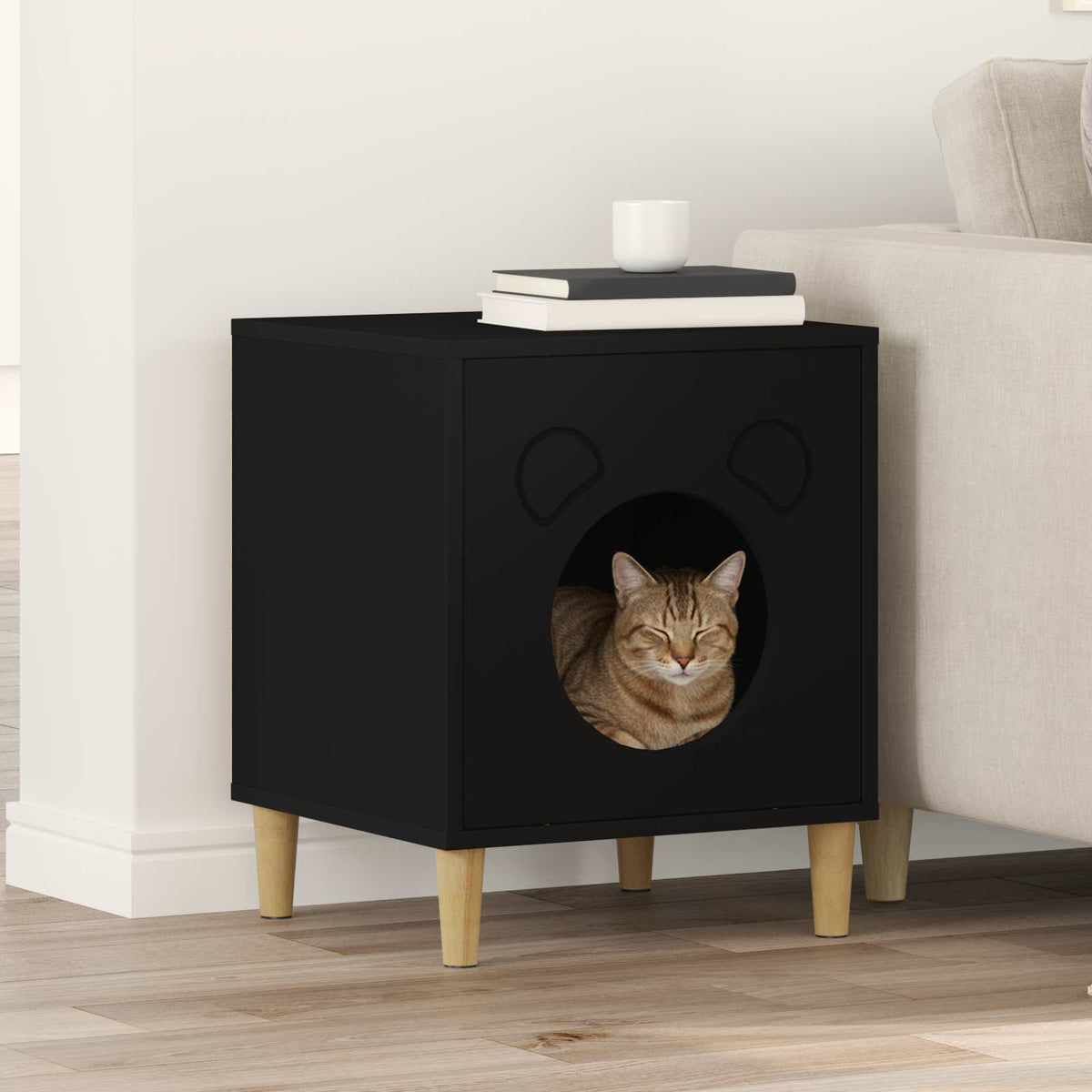 Kattenhuis Zwart 42,5 x 40 x 53 cm Bewerkt hout is nu te koop bij PeponiXL, paradijselijk wonen!