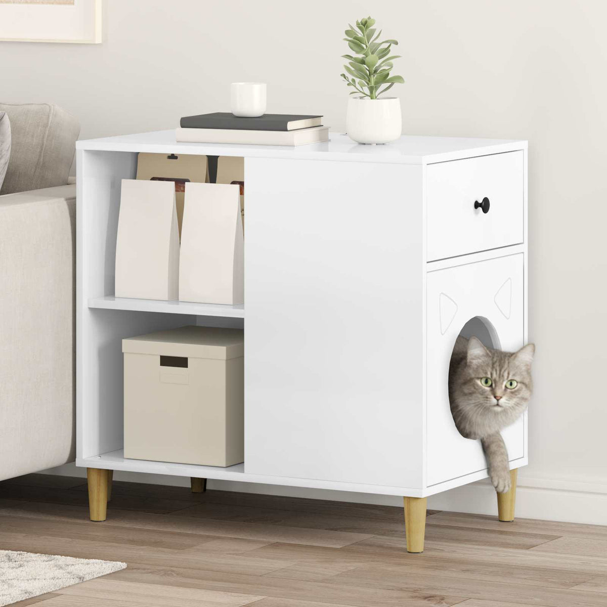 Kattenhuis Glanzend Wit 72 x 42,5 x 70 cm Bewerkt hout is nu te koop bij PeponiXL, paradijselijk wonen!