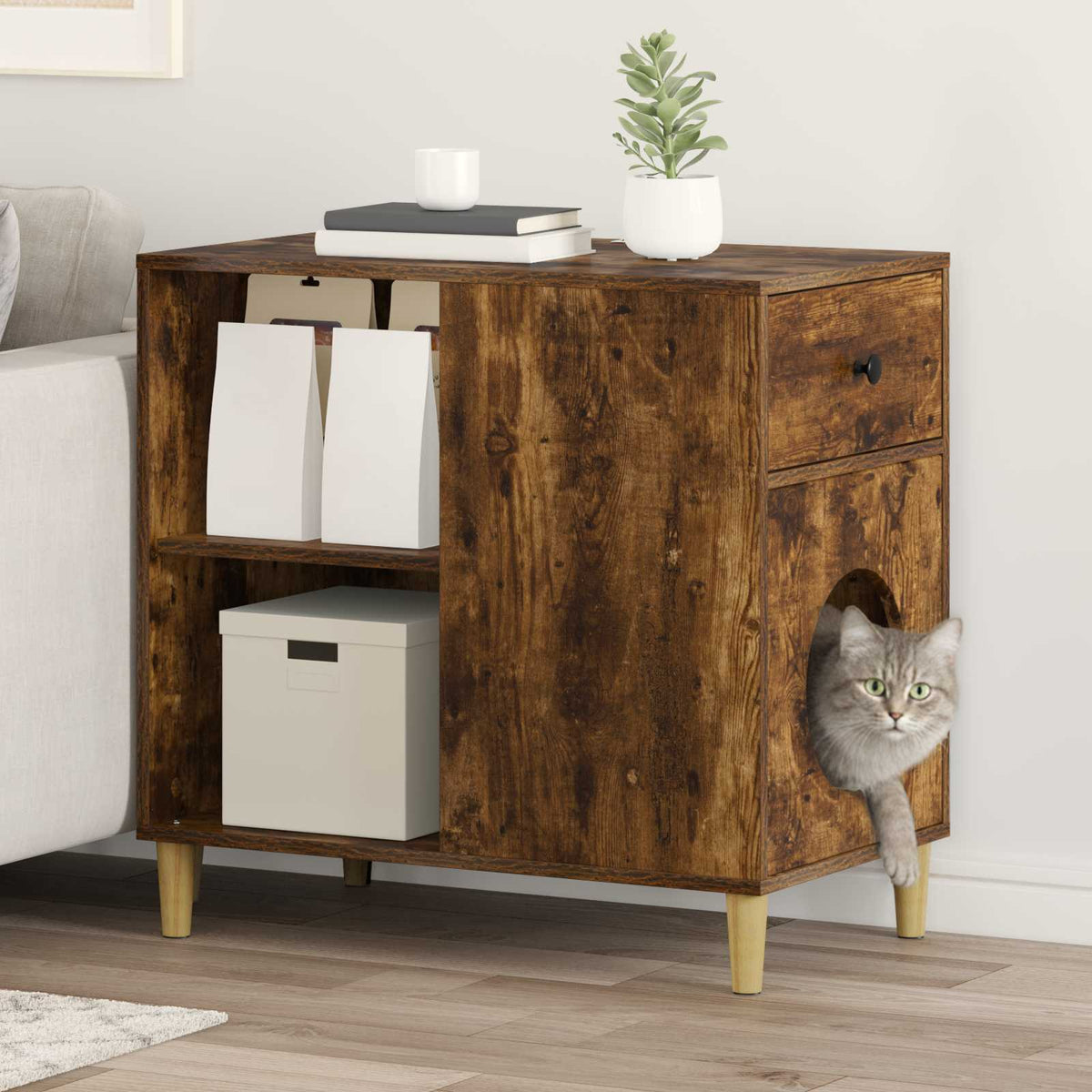 Kattenhuis Gerookt eiken 72 x 42,5 x 70 cm Bewerkt hout is nu te koop bij PeponiXL, paradijselijk wonen!