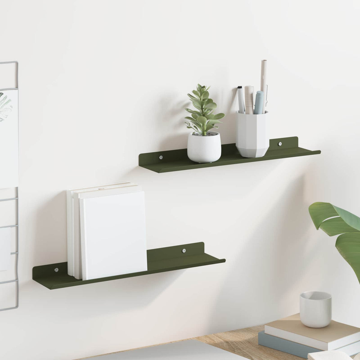 Drijvende plank 2 pcs Olijf Groen 40 x 8,5 x 2,5 cm Staal is nu te koop bij PeponiXL, paradijselijk wonen!