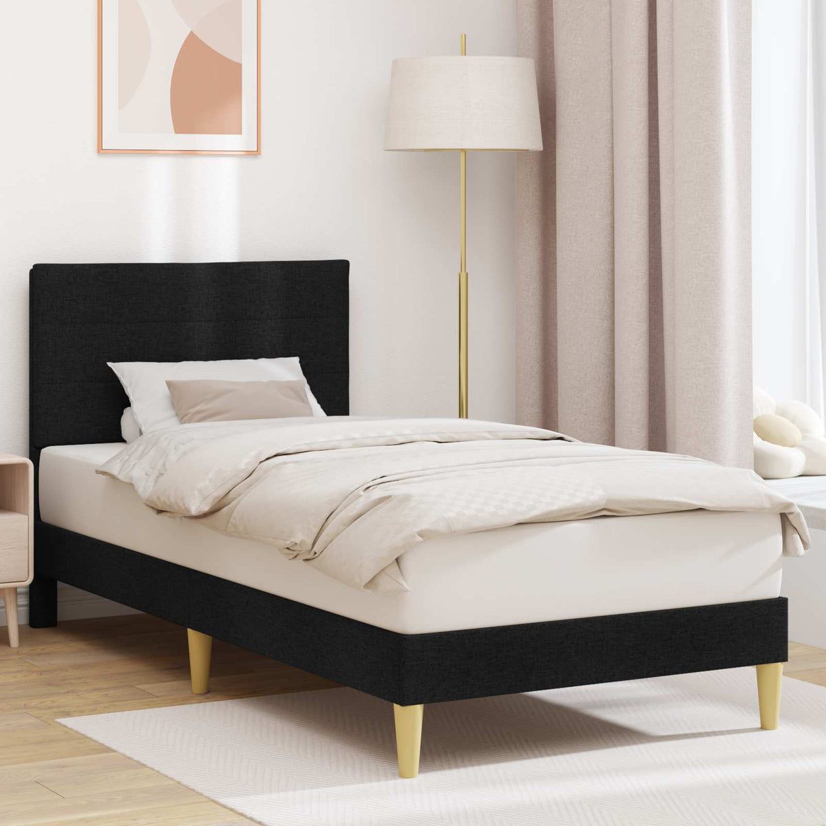 Bedframe met hoofdeinde Zwart 90 x 190 cm Stof is nu te koop bij PeponiXL, paradijselijk wonen!