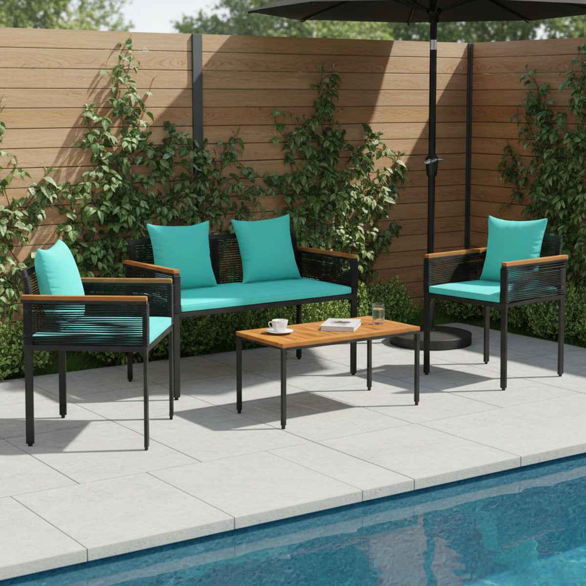 Buitenmeubelset met kussen Zwart en Turquoise poly rattan is nu te koop bij PeponiXL, paradijselijk wonen!