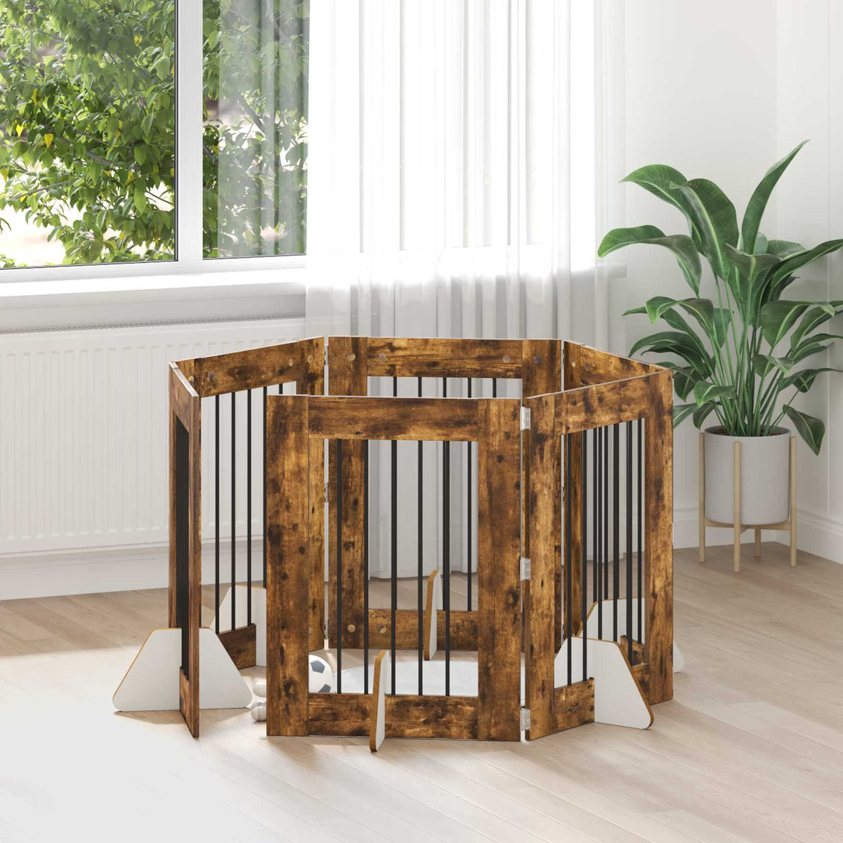 Hondenhekje met standaards 6 pcs Gerookt eiken 60 x 80 cm is nu te koop bij PeponiXL, paradijselijk wonen!