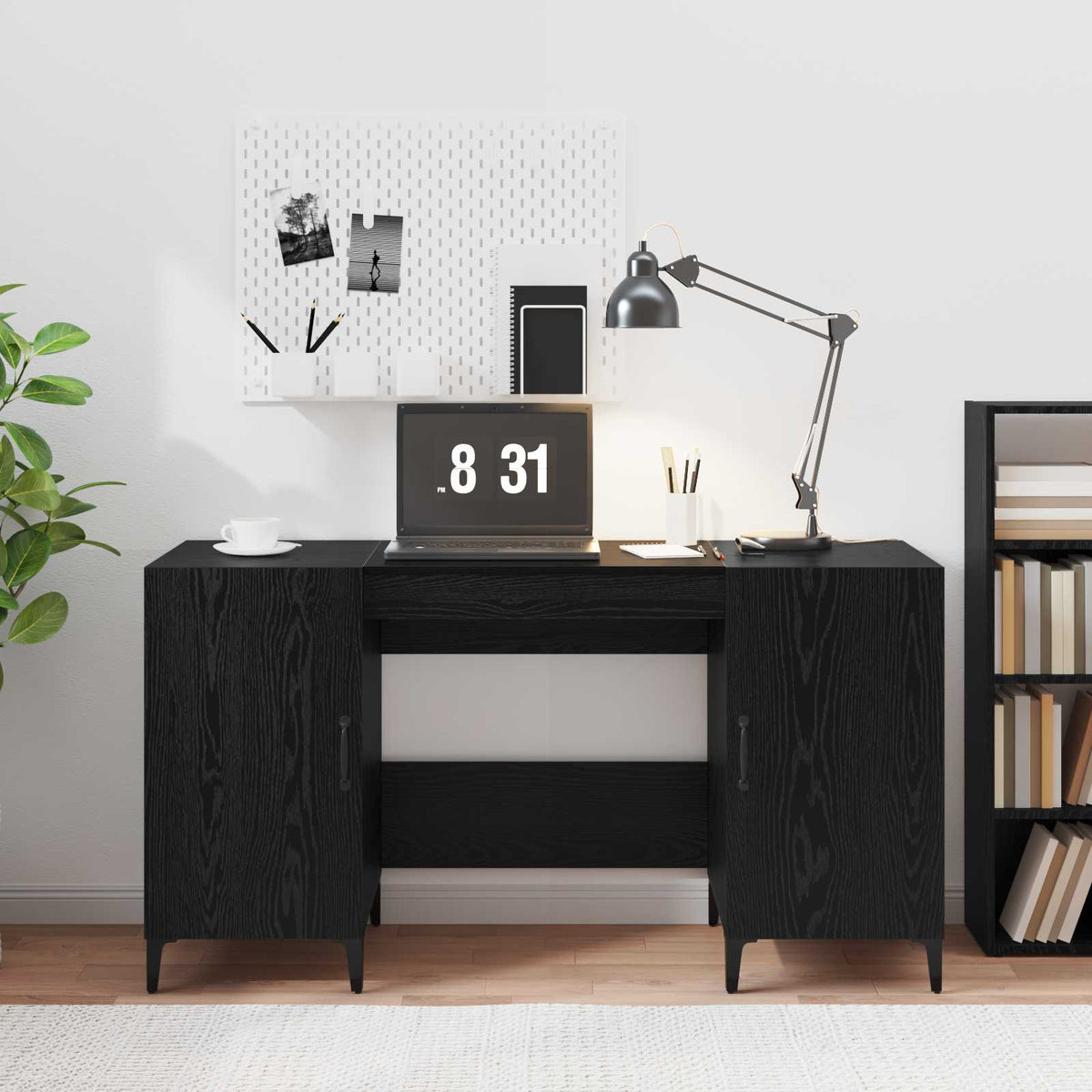 Bureau met opslag Zwart Eiken 140 x 50 x 75 cm Bewerkt hout is nu te koop bij PeponiXL, paradijselijk wonen!