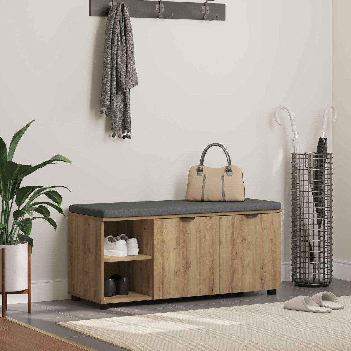 Schoenbank met kussen Artisanaal eiken 100 x 38 x 46 cm is nu te koop bij PeponiXL, paradijselijk wonen!
