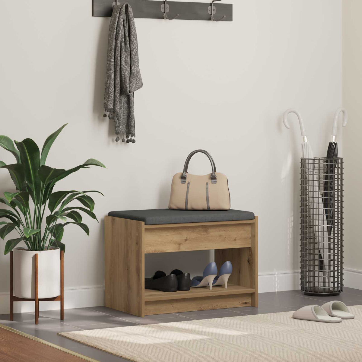 Schoenbank met kussen Artisanaal eiken 63 x 38 x 45 cm is nu te koop bij PeponiXL, paradijselijk wonen!
