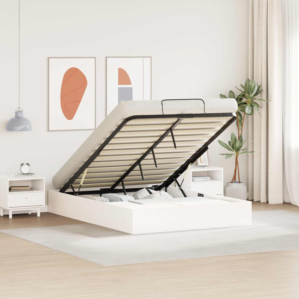 Ottoman Bedframe met Opslag Wit 150 x 200 cm Massief grenenhout is nu te koop bij PeponiXL, paradijselijk wonen!